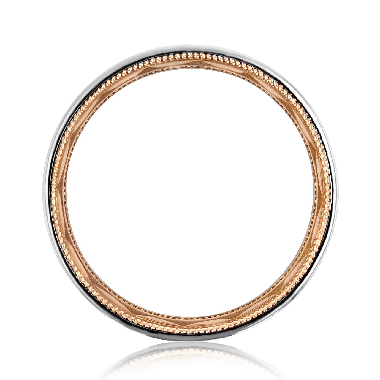 The Tacori Classic Two-Tone Flat Brushed Finish 18K White and Rose Gold Men's Wedding Band features a round, thin metallic ring with a silver exterior and a textured gold inner rim, adorned with a sculpted crescent detail. This symmetric piece beautifully reflects subtle light.