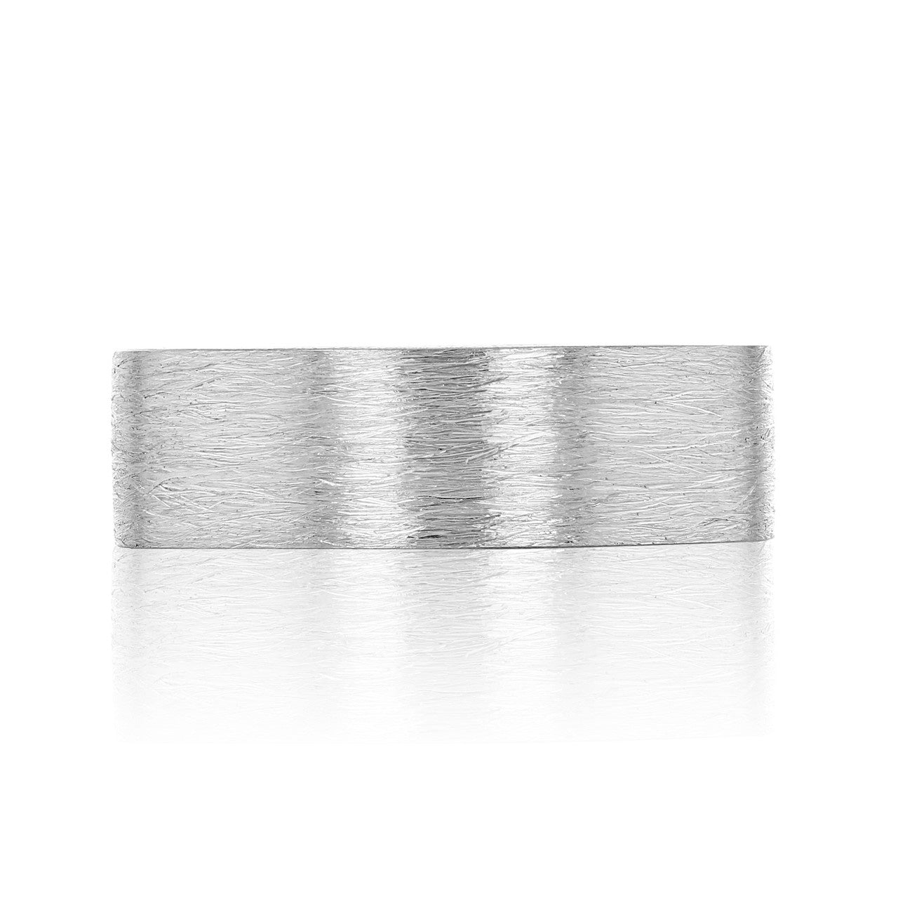 The Tacori Classic Two-Tone Men's Wedding Band, crafted from 18K white and rose gold, is showcased against a white background. Its flat surface exhibits a brushed finish that offers a subtle, elegant look, further enhanced by intricate sculpted crescent details for an exquisite touch.