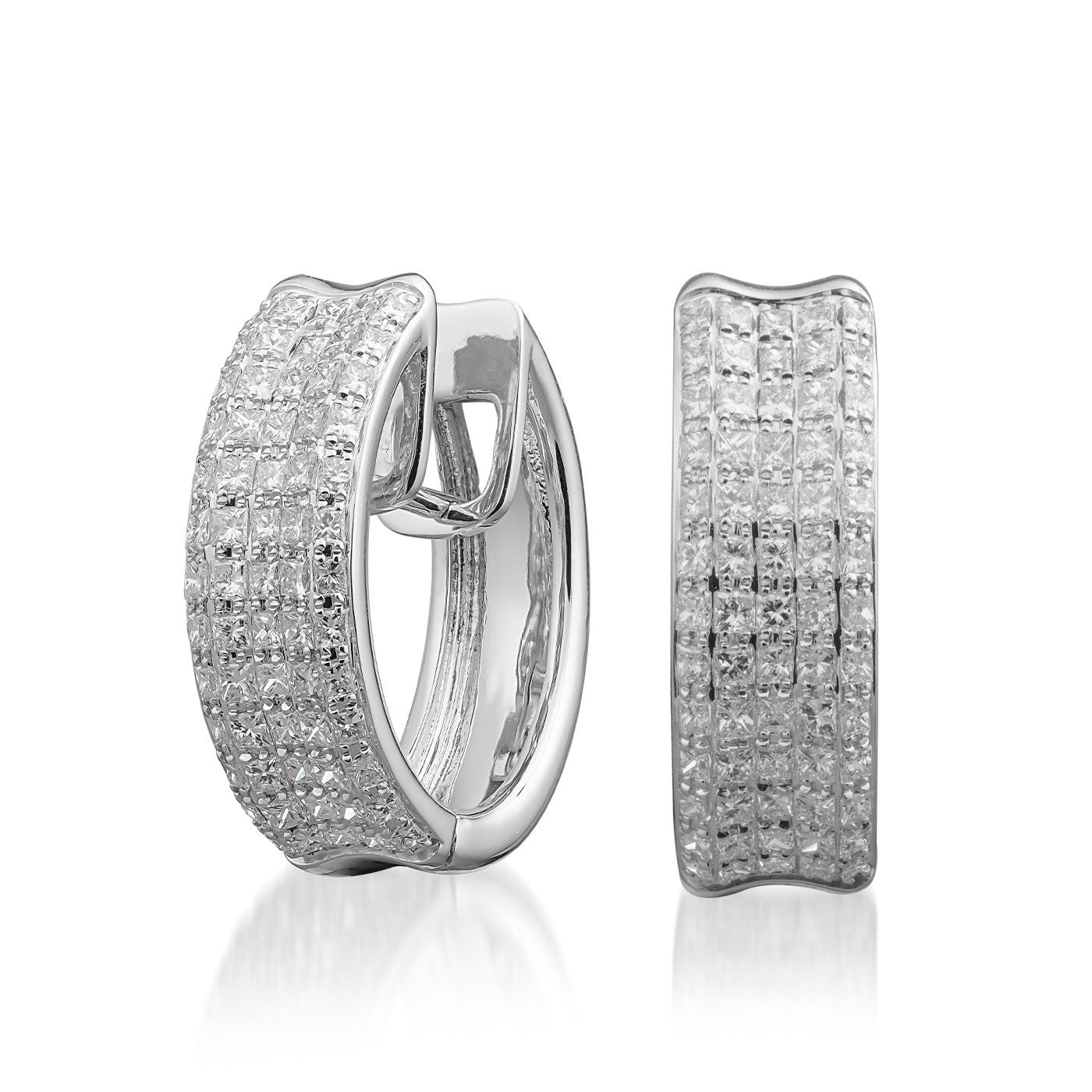 The Raffi&Co.® 14K White Gold Diamond Hoop Earrings showcase a wide band adorned with small, sparkling princess-cut diamonds arranged in multiple rows against a plain white background, and feature a secure clasp closure.