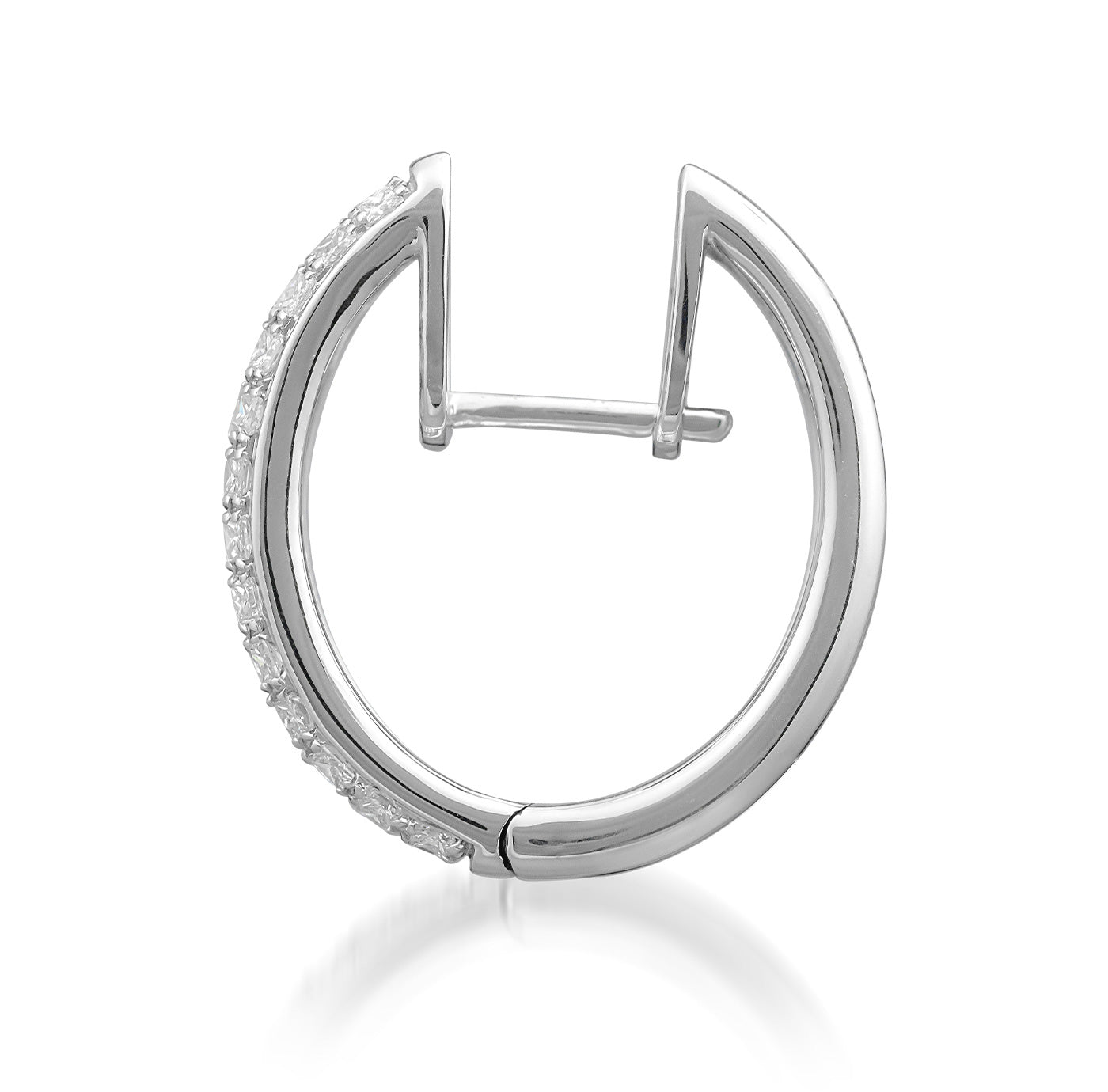 The Raffi&Co.® 14K White Gold Diamond Hoop Earring showcases a sophisticated design with a row of dazzling princess-cut diamonds set along one side, crafted in elegant 14K white gold. This single earring features an open top and secure clasp mechanism, elegantly presented against a white backdrop.