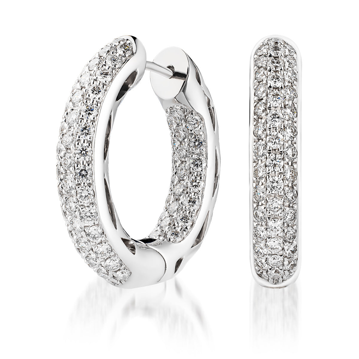 Discover the Raffi&Co.® 14K White Gold Round Brilliant Diamond Hoop Earrings, showcasing a luxurious design. One earring is displayed from the front, while the other is viewed from the side, emphasizing their exquisite craftsmanship for sparkling elegance.