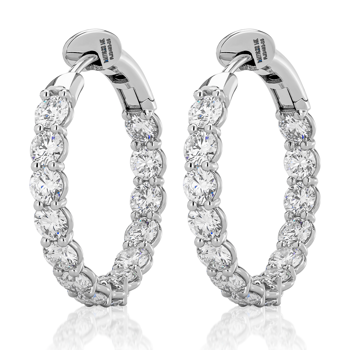 A pair of Raffi&Co.® 14K White Gold Diamond Hoop Earrings, encrusted with sparkling round brilliant diamonds, displayed against a plain white background.