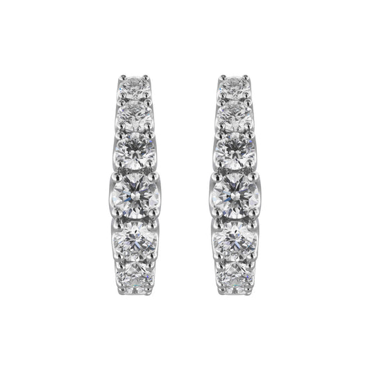 A gorgeous pair of Raffi&Co.® 14K White Gold Diamond Hoop Earrings, adorned with multiple round, dazzling diamonds of VS1-VS2 clarity in a prong setting. These symmetrical earrings are elegantly showcased side by side against a pristine white backdrop.