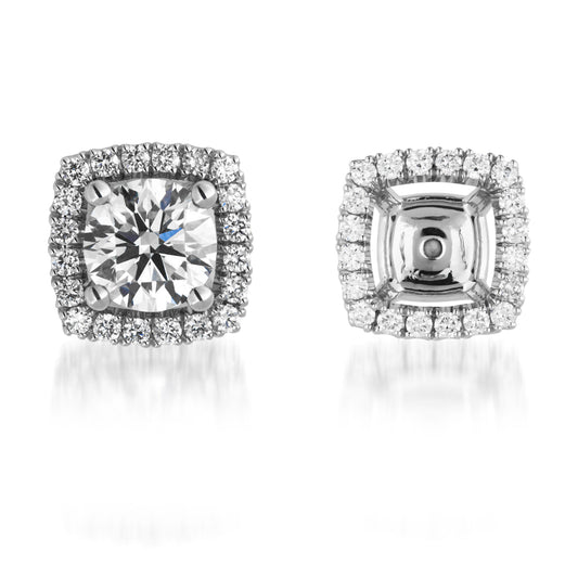 Experience the elegance of Raffi&Co.® 18K White Gold Diamond Stud Earring Enhancers, showcasing a stunning central round brilliant diamond encircled by smaller diamonds in a square halo design. Meticulously crafted, these exquisite earrings are presented with one earring shown from the front and the other from behind.