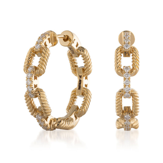 Raffi&Co.® 14K Yellow Gold Diamond Hoop Earrings feature a captivating chain-link and twisted rope design, enhanced with glistening diamonds on each link. Expertly crafted in 14K yellow gold, these earrings are presented with one laying flat and the other standing upright, highlighting their intricate detailing and elegant craftsmanship by Raffi&Co.