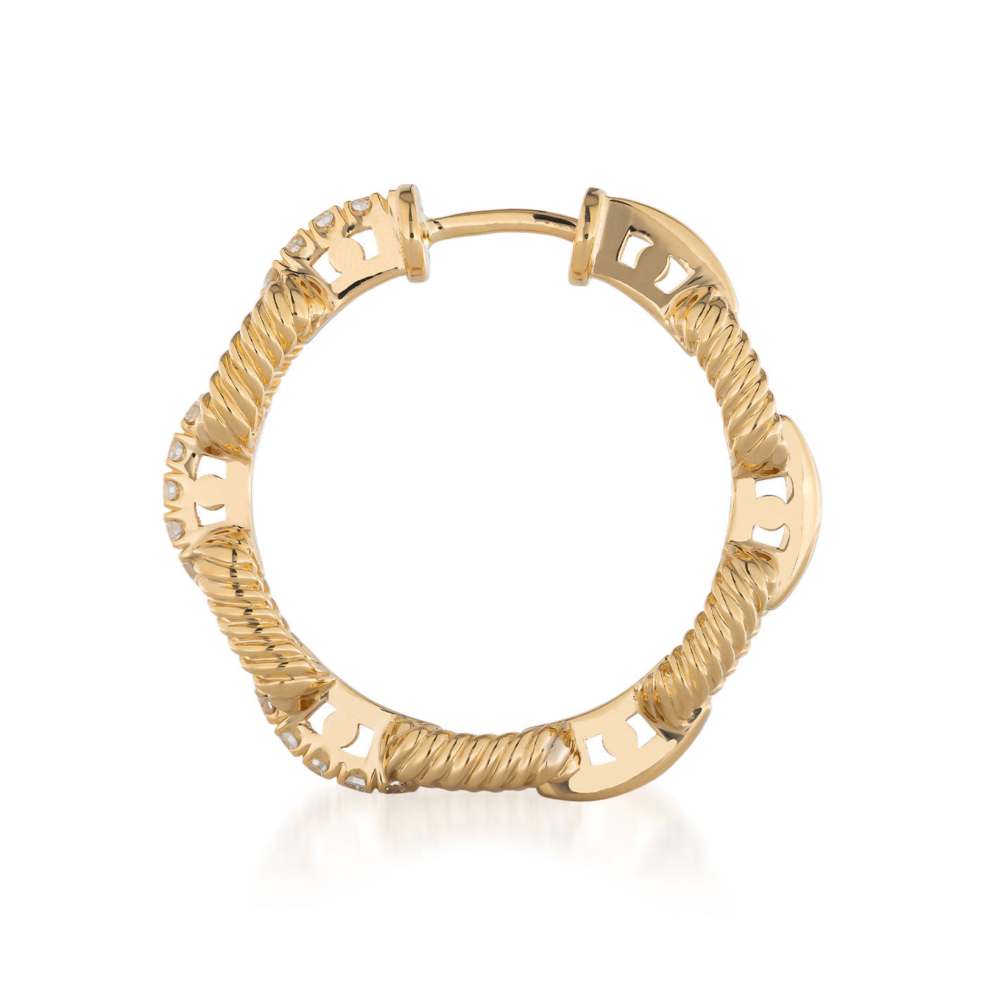 A pair of Raffi&Co.® 14K Yellow Gold Diamond Hoop Earrings featuring a twisted rope pattern and cut-out letter accents, creating a circular shape. The glossy finish highlights an elegant and modern style, ideal for those who appreciate diamond hoop earrings with distinctive details.