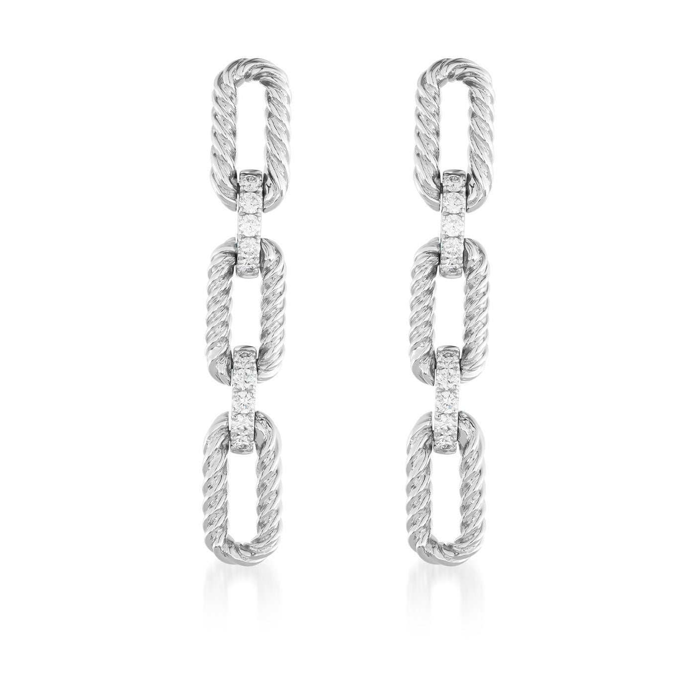 Introducing the Raffi&Co.® 14K White Gold Diamond Drop Earrings, offering a luxurious design with interconnected oval links crafted in elegant white gold. Featuring a unique combination of textured and smooth silver rope chain surfaces, these earrings embody sophistication and style. Displayed against a pristine white background, they beautifully capture the essence of elegance that Raffi&Co is known for.