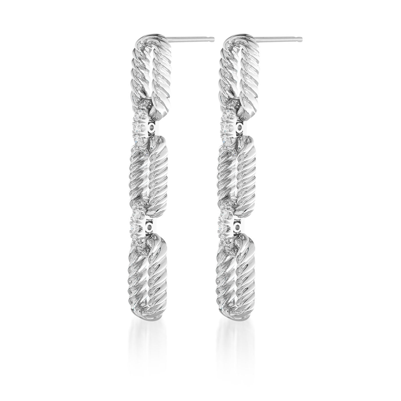 Introducing the Raffi&Co.® 14K White Gold Diamond Drop Earrings, a pair of luxurious earrings crafted in a modern vertical style. These stunning silver earrings showcase a twisted rope design adorned with sparkling accents reminiscent of diamonds, and include a touch of 14K white gold. Perfectly designed for pierced ears, they offer an elegant statement piece from Raffi&Co.