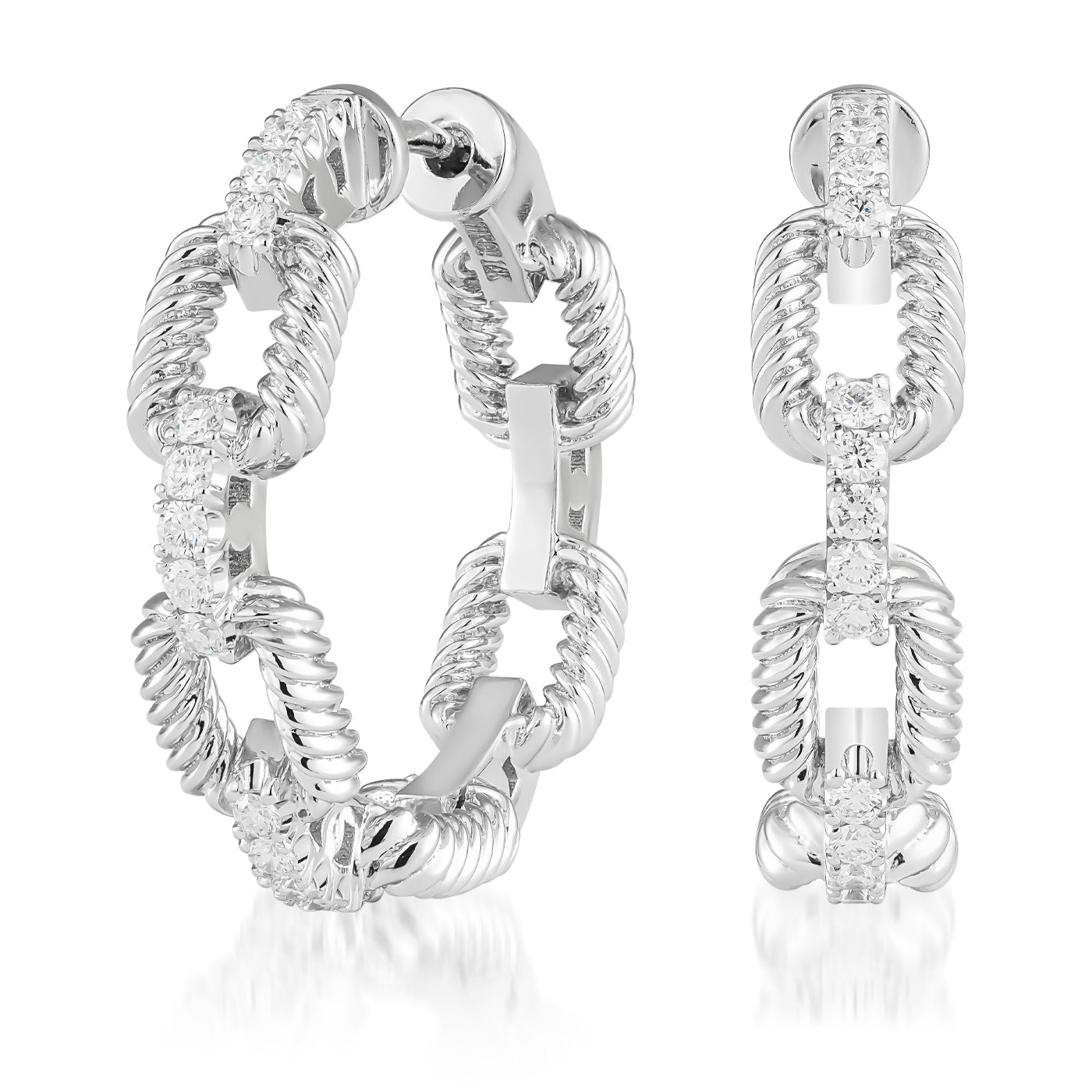 Introducing the Raffi&Co.® 14K White Gold Diamond Earrings, a pair of chic hoop earrings characterized by interlocking chain links embellished with dazzling diamonds. The design seamlessly melds smooth and textured surfaces for a refined and glamorous look.