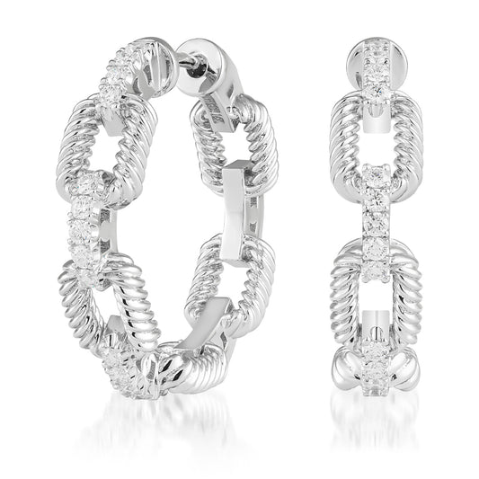 Introducing the Raffi&Co.® 14K White Gold Diamond Earrings, a pair of chic hoop earrings characterized by interlocking chain links embellished with dazzling diamonds. The design seamlessly melds smooth and textured surfaces for a refined and glamorous look.