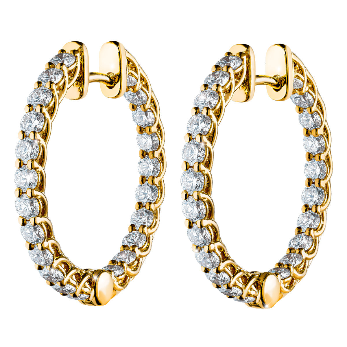 The Raffi&Co.® 14K Yellow Gold Round Brilliant Diamond Hoop Earrings feature round, sparkling diamonds along the entire front for a luxurious shimmer, secured with a hinged clasp.
