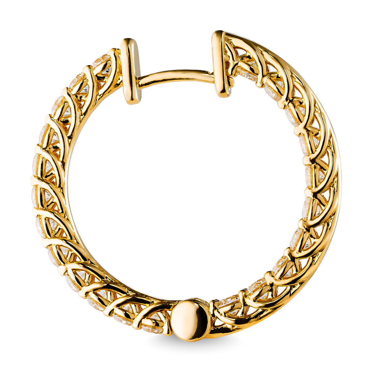 The Raffi&Co.® 14K Yellow Gold Round Brilliant Diamond Hoop Earrings feature a polished, intricate braided design with small embedded diamonds and a hinge closure at the top.