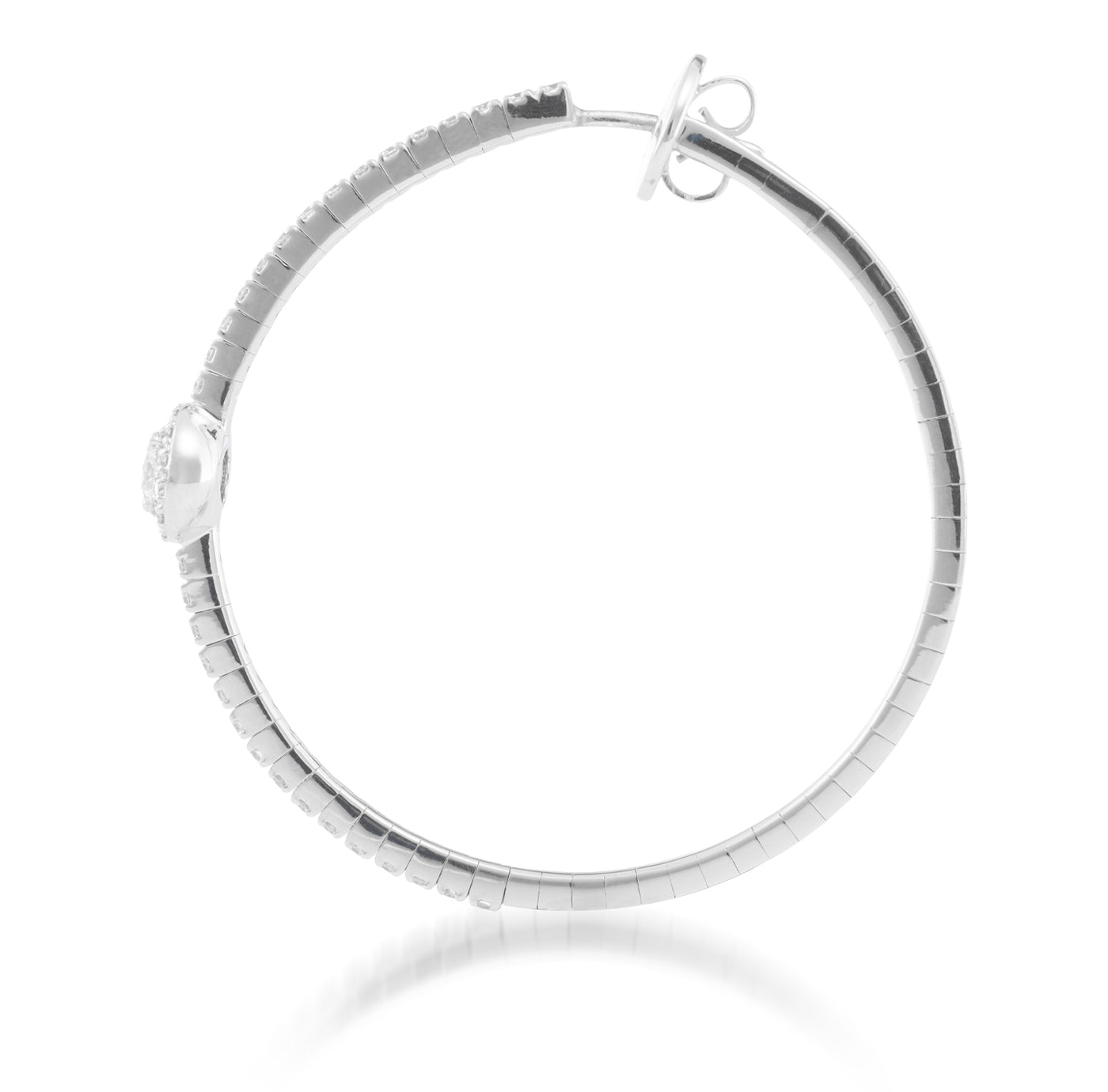 This luxurious jewelry piece is the Raffi&Co.® 14K White Gold Diamond Hoop Earring, featuring a textured design accented by a small round stud. Made from 14K white gold, the earring is beautifully presented upright against a plain white background.