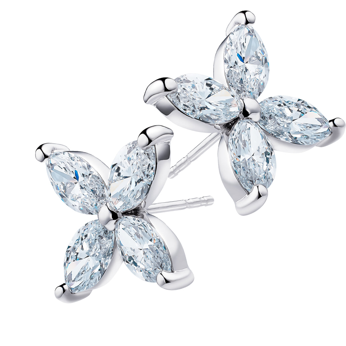 The Raffi&Co.® 14K White Gold Marquise Lab Diamond Stud Earrings feature a butterfly shape with four marquise-cut lab diamonds forming the wings, all set in gleaming white gold with smooth, polished edges.
