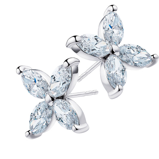 The Raffi&Co.® 14K White Gold Marquise Lab Diamond Stud Earrings feature a butterfly shape with four marquise-cut lab diamonds forming the wings, all set in gleaming white gold with smooth, polished edges.