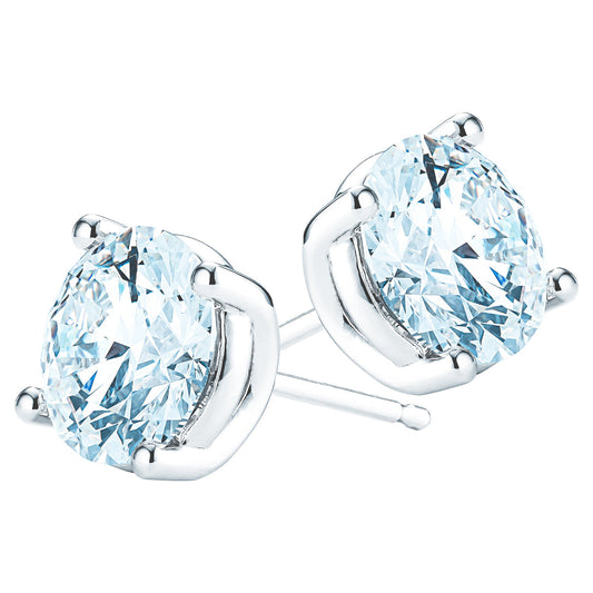 Close-up of a pair of Raffi&Co.® 14K White Gold Round Brilliant Lab Diamond Stud Earrings with large, round gemstones resembling diamonds in a simple prong setting that showcases the sparkling stones prominently.