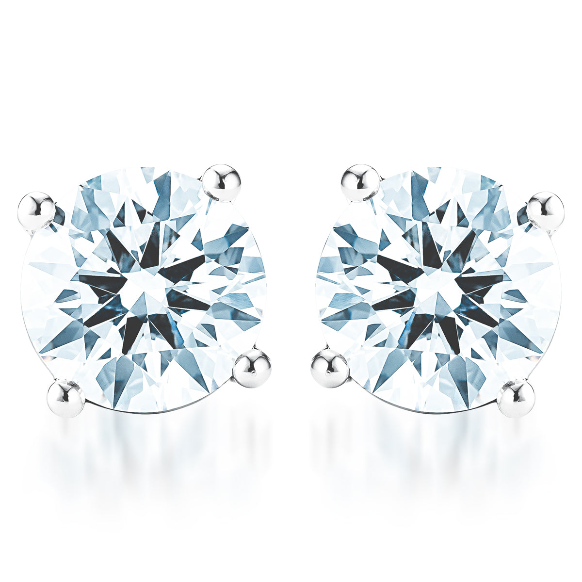 Close-up of Raffi&Co.® 14K White Gold Round Brilliant Lab Diamond Stud Earrings on a white background, their facets shimmering with light in elegant four-prong settings.