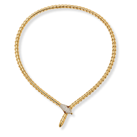 Introducing the Raffi&Co.® 18K Yellow Gold Diamond Serpent Necklace: a striking gold necklace by Raffi&Co, beautifully crafted in a snake shape with a textured, scale-inspired pattern and a head adorned with sparkling round-cut diamond accents totaling 0.41 CTW. This elegant piece gracefully forms a loop at the front and is showcased against a plain white background.