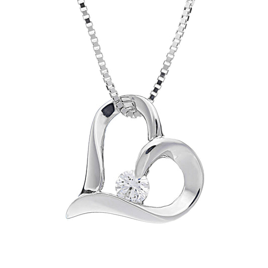 Introducing the Raffi&Co.® 10K White Gold Round Brilliant Diamond Heart Necklace Pendant, this piece features a silver heart-shaped pendant with a delicate chain and a sparkling round diamond at its center. The design exudes elegance with its smooth and polished finish, expertly combining graceful curves for an exquisite look.