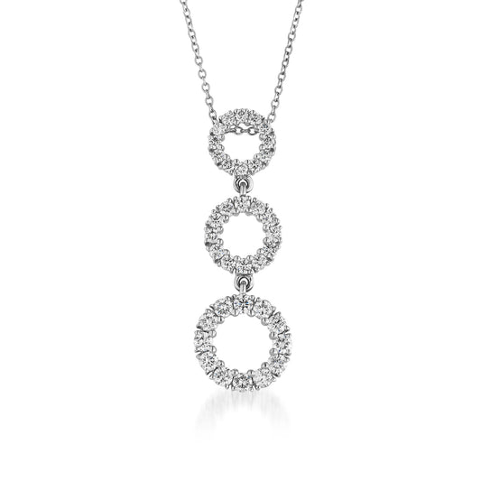 This elegant accessory, the Raffi&Co.® 18K White Gold Diamond Fashion Pendant Necklace, features a pendant with three interconnected rings encrusted with diamonds that gracefully taper in size. Suspended from a delicate chain, the dazzling stones enhance its sophisticated design.