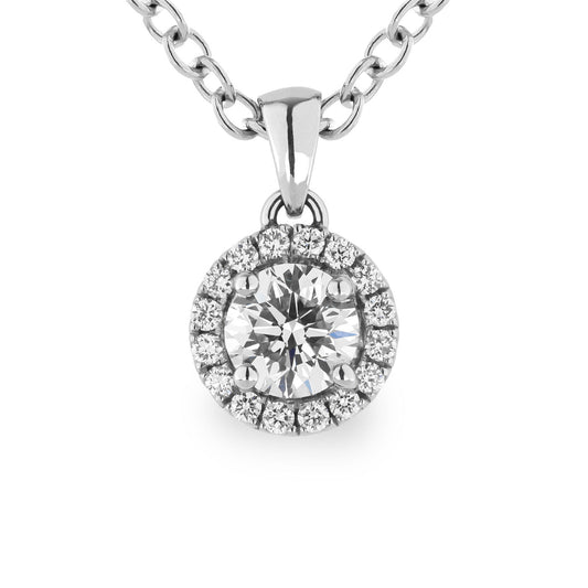 The Raffi&Co.® 14K White Gold Diamond Pendant Necklace features a stunning pendant with a dazzling halo of diamonds. The round centerpiece highlights a large central diamond, elegantly surrounded by smaller ones. Its simple yet sophisticated chain enhances the brilliance of the sparkling pendant against the white backdrop.