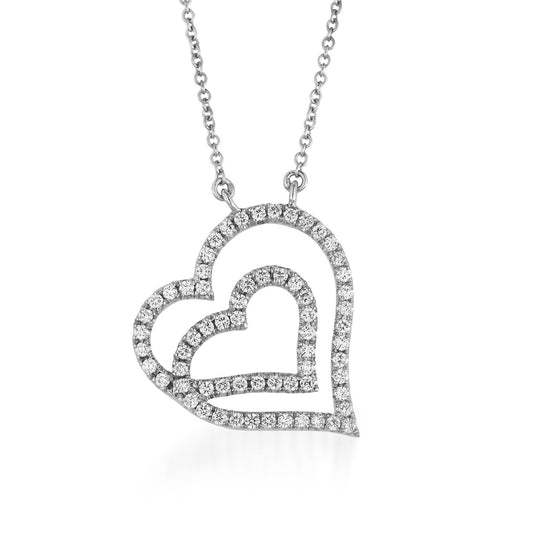 The Raffi&Co.® 14K White Gold Diamond Heart Necklace Pendant by Raffi&Co elegantly showcases two overlapping heart pendants, each bordered with tiny shimmering diamonds, gracefully suspended from a delicate chain.