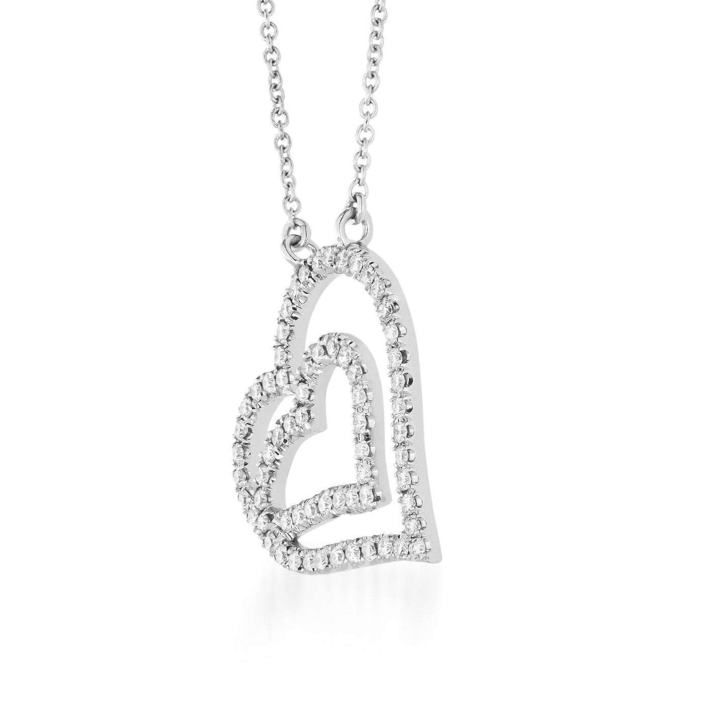 The Raffi&Co.® 14K White Gold Diamond Heart Necklace Pendant showcases a double heart design, with each heart beautifully outlined by small sparkling diamonds on a delicate chain. The smaller heart nestled within the larger symbolizes love and connection.