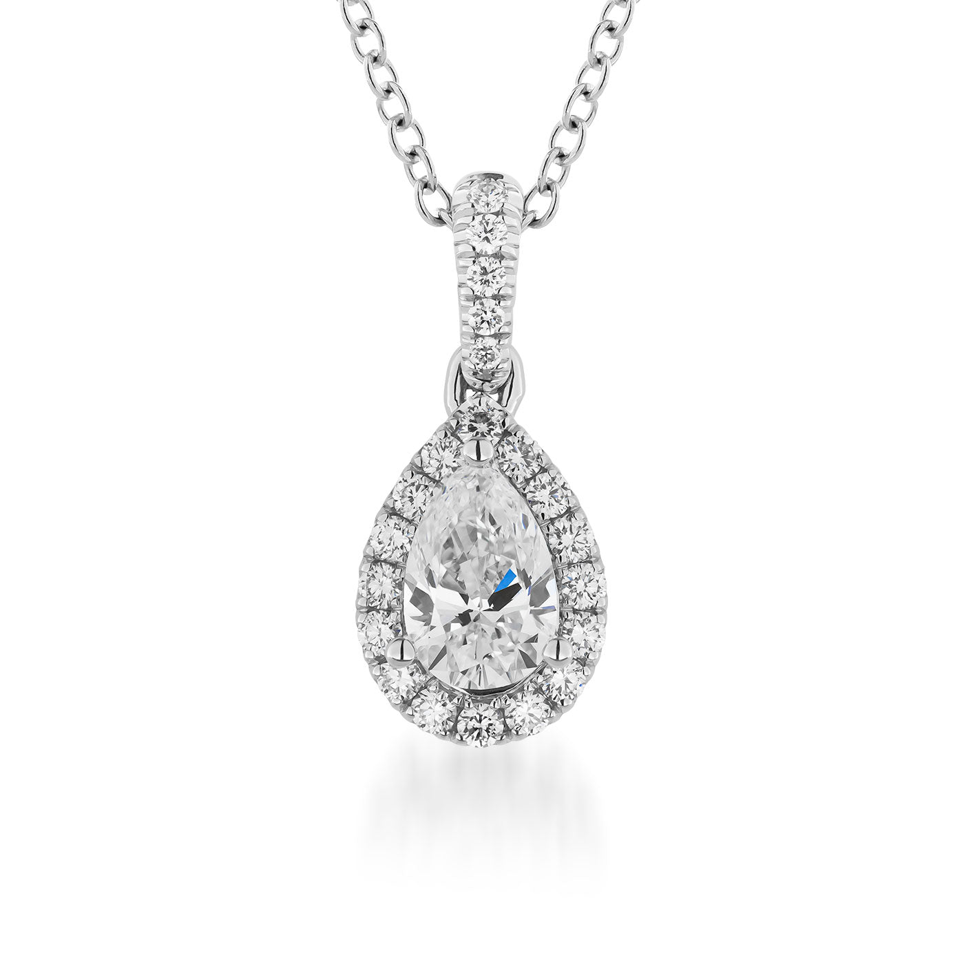 Introducing the Raffi&Co.® 14K White Gold Pear Diamond Halo Pendant Necklace, a masterpiece by Raffi&Co. This exquisite necklace showcases a teardrop-shaped pear-cut diamond at its center, encircled by a halo of shimmering round diamonds. Supported by a delicate silver chain, it radiates an aura of elegance and sophistication.