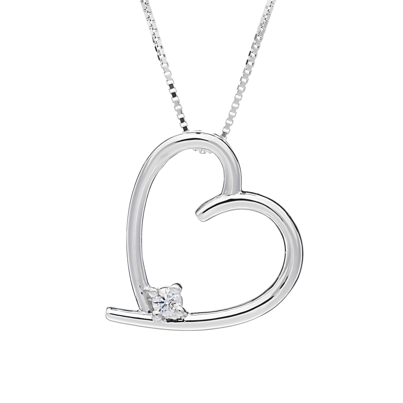 The Raffi&Co.® 14K White Gold Round Brilliant Diamond Heart Necklace Pendant features a silver heart-shaped design with a round brilliant diamond on the lower right curve, elegantly hanging from a fine chain. Crafted by Raffi&Co in 14K white gold, this sleek and minimalist design is perfect for any occasion.