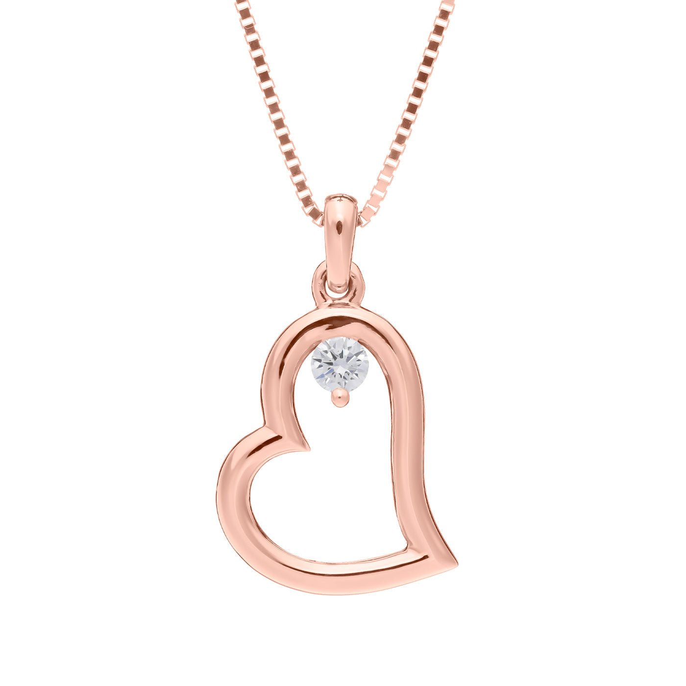 The Raffi&Co® 14K Rose Gold Round Brilliant Diamond Heart Necklace Pendant features a beautifully crafted heart design, elegantly showcasing its modern sophistication and timeless charm with a small round diamond at the center. This exquisite piece is suspended from a delicate chain, perfectly embodying contemporary elegance.