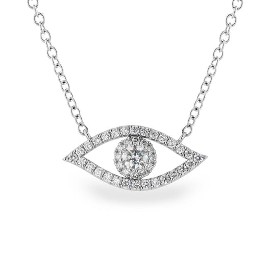 Explore the sophistication of the Raffi&Co.® 14K White Gold Diamond Evil Eye Pendant Necklace. This exquisite piece from Raffi&Co features an eye-shaped pendant outlined with shimmering diamonds, highlighted by a larger round diamond at its center, all elegantly suspended from a delicate and stylish chain.