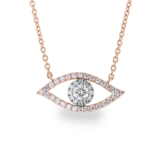 The Raffi&Co.® 14K Rose Gold Diamond Evil Eye Necklace Pendant features an eye-shaped design adorned with dazzling diamonds. At its center, a cluster forms the pupil, surrounded by smaller diamonds that outline the eye. The necklace's delicate chain adds a touch of elegance, making this piece a stylish and sophisticated choice.