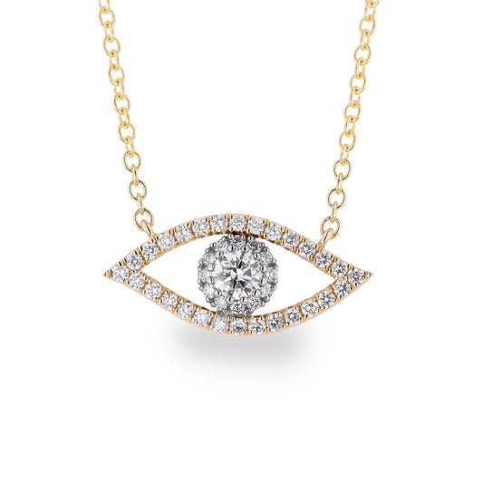 The Raffi&Co.® 14K Yellow Gold Diamond Evil Eye Necklace Pendant showcases a pendant in the shape of an eye, infused with spiritual symbolism. The design is enhanced by clear sparkling gemstones outlining the eye and a larger gem at its center. The delicate chain wonderfully complements the intricate design of this piece from Raffi&Co.