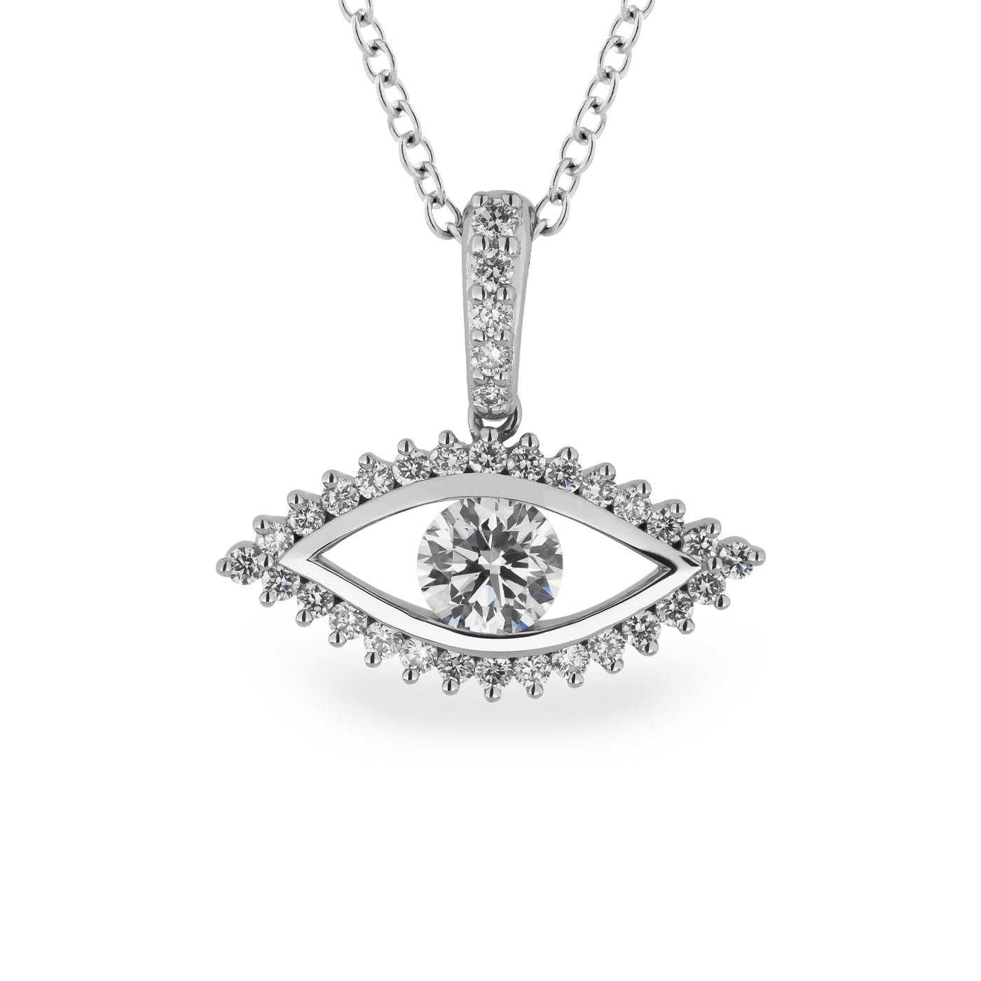 This captivating piece by Raffi&Co. is the 14K White Gold Diamond Evil Eye Pendant Necklace, featuring a central round diamond surrounded by smaller diamonds, all beautifully set in delicate white gold. The linked chain adds an elegant touch to this stunning silver necklace.