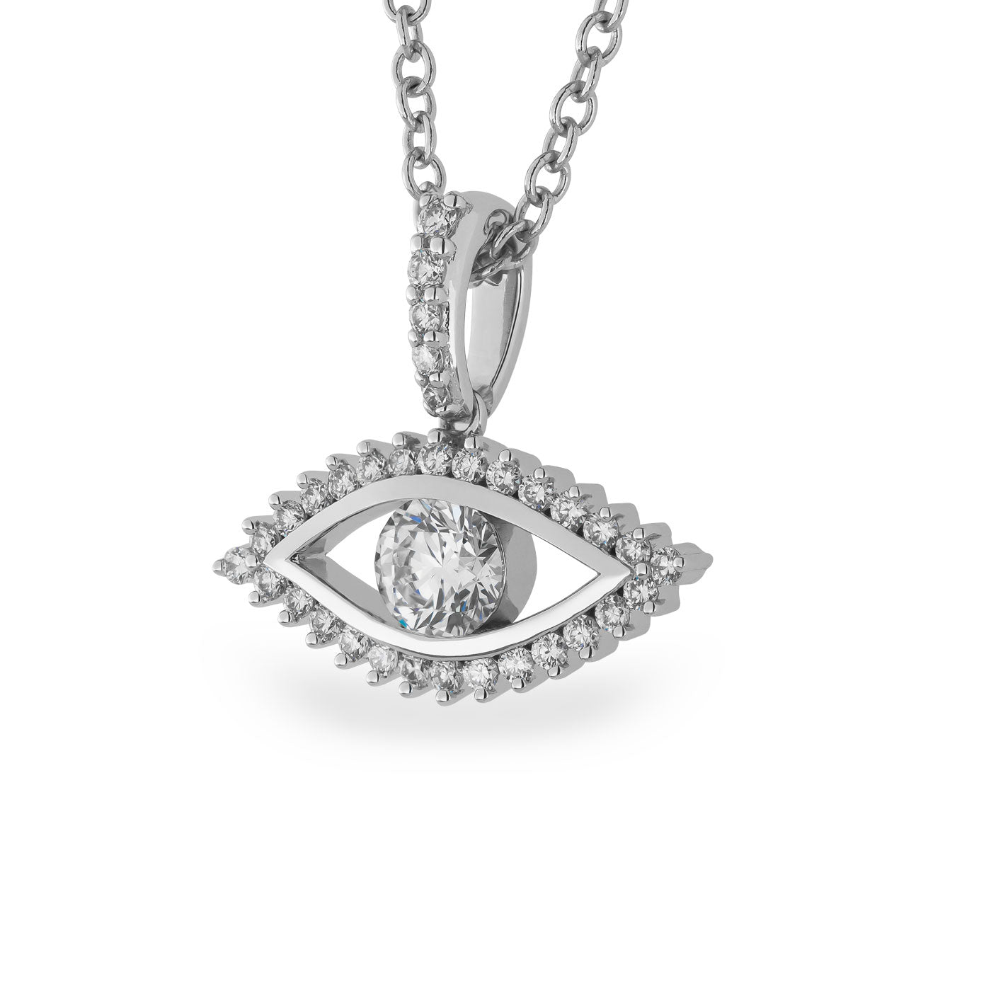 The Raffi&Co.® 14K White Gold Diamond Evil Eye Pendant Necklace boasts a captivating eye-shaped pendant, with a crystal centerpiece surrounded by brilliant diamonds. It gracefully dangles from a slender white gold chain, making it an ideal choice for infusing any ensemble with an air of mystique.