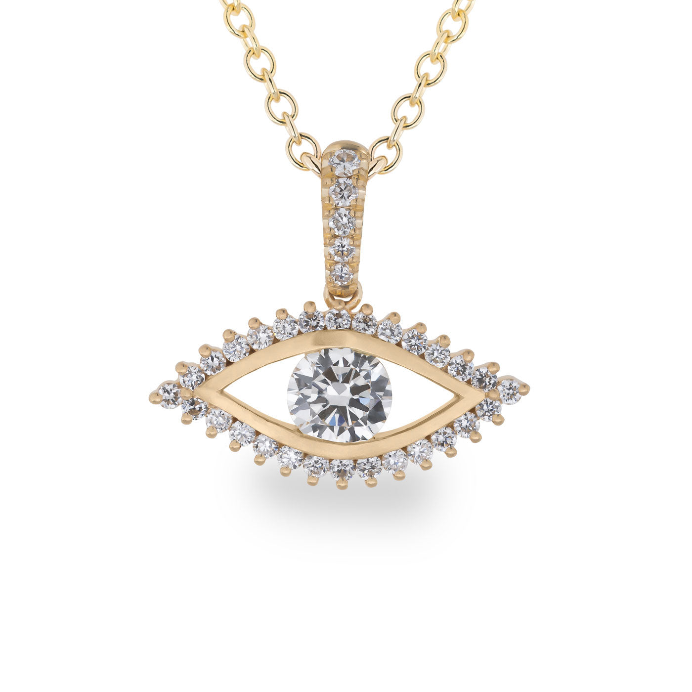 Experience the elegance of the Raffi&Co.® 14K Yellow Gold Diamond Evil Eye Necklace Pendant, crafted by Raffi&Co. This stunning necklace showcases a gold pendant shaped like an eye, featuring a large central diamond surrounded by smaller diamonds along the edges, all beautifully suspended from a delicate gold chain.