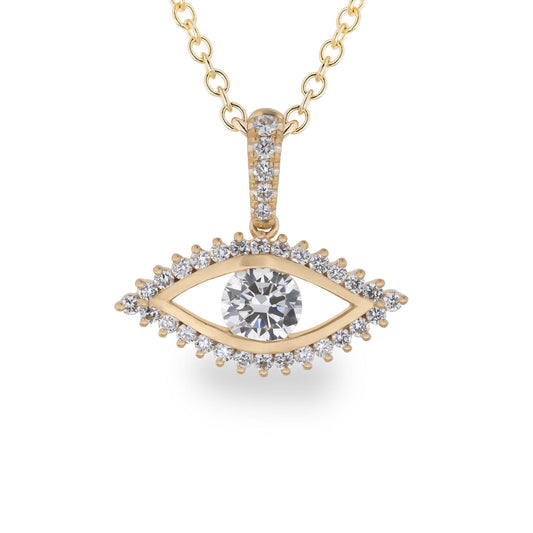 Experience the elegance of the Raffi&Co.® 14K Yellow Gold Diamond Evil Eye Necklace Pendant, crafted by Raffi&Co. This stunning necklace showcases a gold pendant shaped like an eye, featuring a large central diamond surrounded by smaller diamonds along the edges, all beautifully suspended from a delicate gold chain.