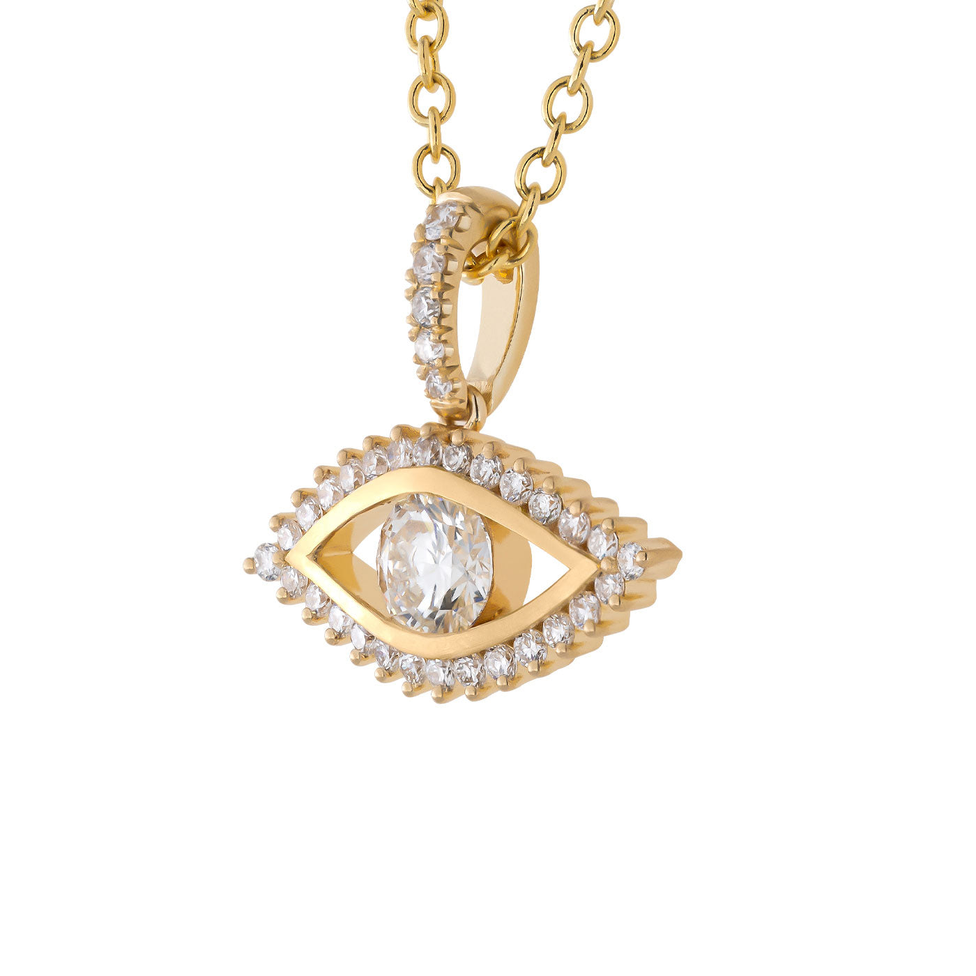 The Raffi&Co 14K Yellow Gold Diamond Evil Eye Necklace Pendant showcases a captivating design, with a pendant shaped like a diamond evil eye. It features a central white gemstone surrounded by smaller intricately arranged white stones. The luxurious chain of gold links complements the pendant's elegant appeal, exemplifying Raffi&Co's signature style of elegance.