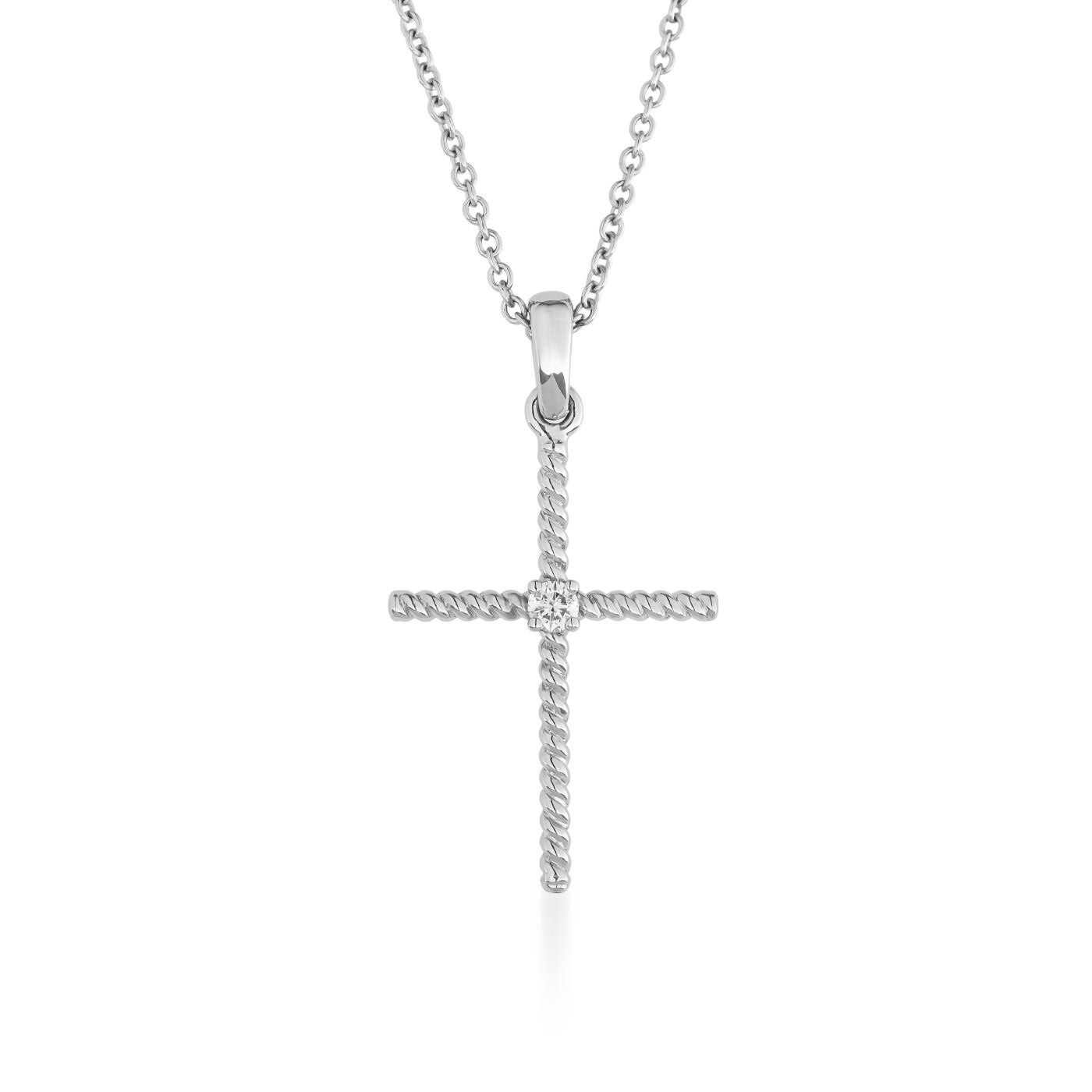 The Raffi&Co.® 14K White Gold Diamond Cross Necklace Pendant from Raffi&Co highlights a stunning cross pendant with a twisted design and an elegant central embellishment. Made from 14K white gold, the necklace boasts a chain of small, round links that elegantly contrast against the plain white background.