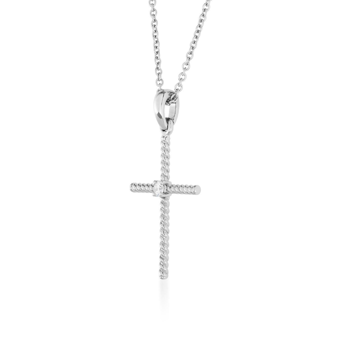 The Raffi&Co.® 14K White Gold Diamond Cross Necklace Pendant highlights a silver cross pendant on an intricate 14K white gold chain, set against a pristine white backdrop.