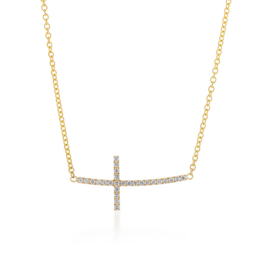 The Raffi&Co® 14K Yellow Gold Diamond Nordic Cross Necklace Pendant features a stylish yellow gold chain with a sideways diamond Nordic cross, adding elegance to any outfit.