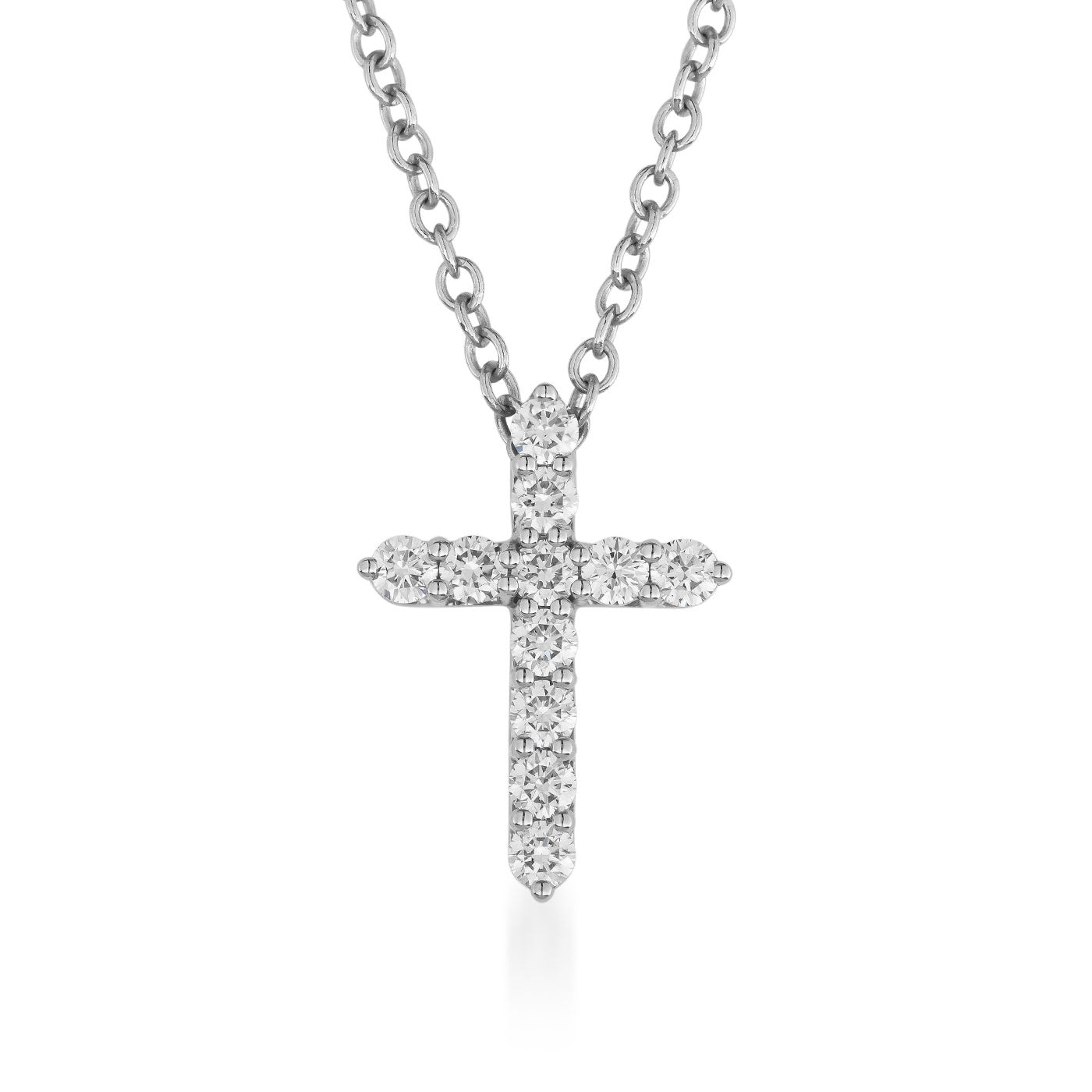 The Raffi&Co.® 14K White Gold Diamond Cross Necklace Pendant includes a silver chain and a symmetrical cross pendant adorned with dazzling diamonds. Made from 14K white gold, it contrasts elegantly against a white background, making it an exquisite choice for any occasion.