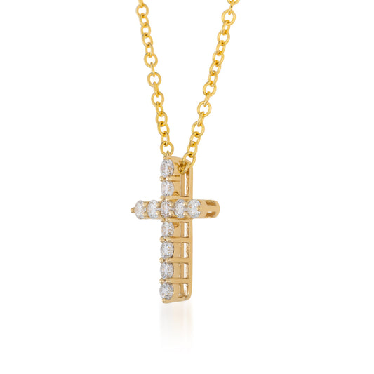 Discover the elegance of the Raffi&Co.® 14K Yellow Gold Diamond Cross Necklace Pendant, boasting a delicate design that beautifully highlights its intricate details. Set against a plain white background, the necklace's charm and sophistication shine through.