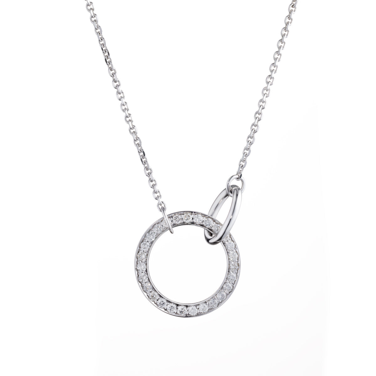 A Raffi&Co.® 18K White Gold necklace showcasing a delicate chain and a pendant with a circular design encrusted with round brilliant diamonds, accompanied by an additional smaller loop linked to the main circle.