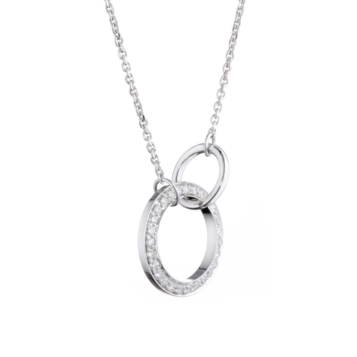 The Raffi&Co.® 18K White Gold Round Brilliant Diamond Necklace Pendant features two interlocking rings: a larger ring encrusted with small, sparkling diamonds and a smaller, smooth ring. The delicate chain complements its elegant design.