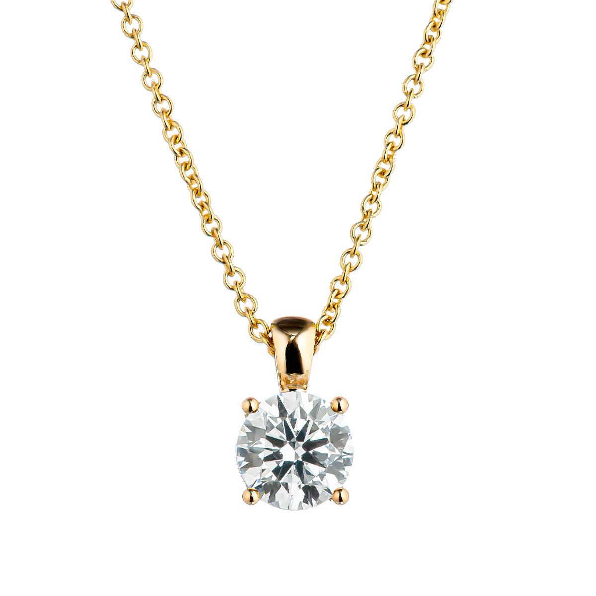 The Raffi&Co.® 14K Yellow Gold Round Brilliant Lab Diamond Necklace Pendant features a round-cut diamond held by four prongs in a gold setting, combining elegance with classic design. Its chain showcases a simple, delicate link structure.