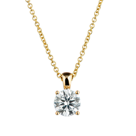 The Raffi&Co.® 14K Yellow Gold Round Brilliant Lab Diamond Necklace Pendant features a round-cut diamond held by four prongs in a gold setting, combining elegance with classic design. Its chain showcases a simple, delicate link structure.