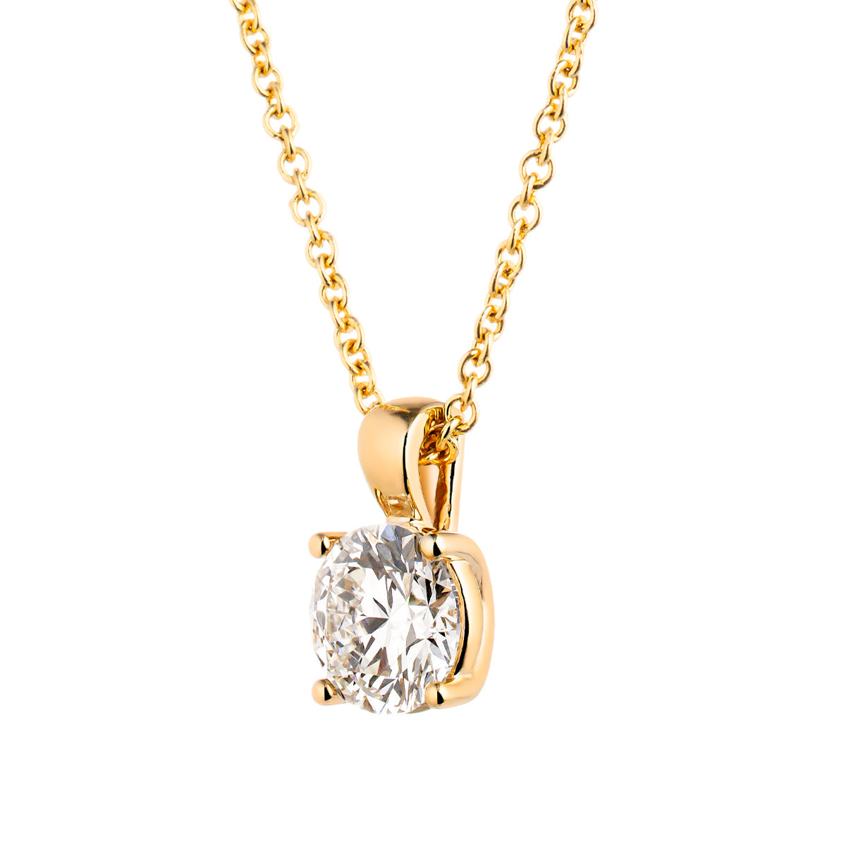 The Raffi&Co.® 14K Yellow Gold Round Brilliant Lab Diamond Necklace Pendant boasts a delicate chain with a solitaire round diamond set in a four-prong clasp, exuding elegance in its minimalist design. The polished gold and sparkling gem highlight superior craftsmanship.