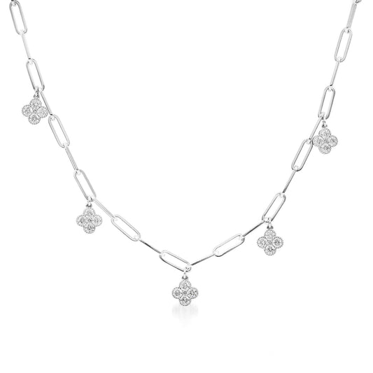 The Raffi&Co.® 18K White Gold Necklace exudes elegance with its oval links, featuring five evenly spaced four-leaf clover pendants adorned with small clear crystals for a luxurious touch.