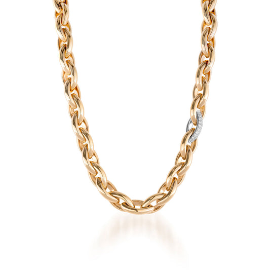 The Raffi&Co.® 18K Yellow Gold Oval Link and Diamond Necklace epitomizes elegance with its interlocking links, including a single link adorned with small diamonds set against a white backdrop.